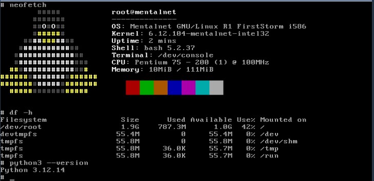 neofetch on Mentalnet GNU/Linux inside 86Box on a Pentium 75-200 with 128 MB of RAM, showing kernel 6.12.104-mentalnet-intel32 and Python 3.12.14