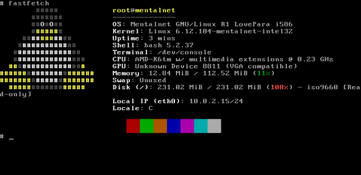 fastfetch on Mentalnet GNU/Linux R1 LovePara, showing OS, kernel 6.12.104-mentalnet-intel32, bash 5.2.37, an AMD-K6tm w/multilib CPU at ~0.23 GHz, 12 MiB RAM on the live CD and eth0 with local IP 10.0.2.15
